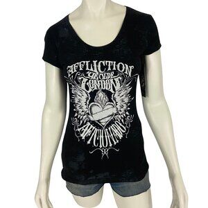 Affliction Women's T-Shirt Top Short Sleeve Ye Old London Winged Heart Black NWT